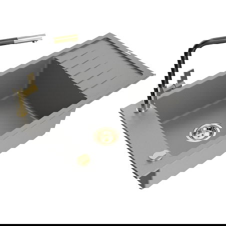 Mexen Elias lava-loiça de granito 1-comporta com escorredor e torneira de cozinha Flora, cinza - 6511-71-670401-57-G