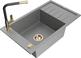Mexen Elias 1-bowl granite sink with drainer and Flora kitchen tap, grey - 6511-71-670401-57-G