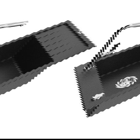 Mexen Elias granieten gootsteen 1-komor met afdruiprek en keukenkraan Flora, zwart/zilver metallic - 6511-73-670401-00