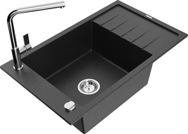 Mexen Elias 1-bowl granite sink with drainer and Flora kitchen tap, black/silver metallic - 6511-73-670401-00