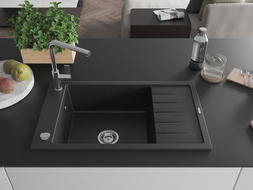 Mexen Elias granitdiskbänk 1-kammare med avrinning och köksblandare Flora, svart/silver metallic - 6511-73-670401-00