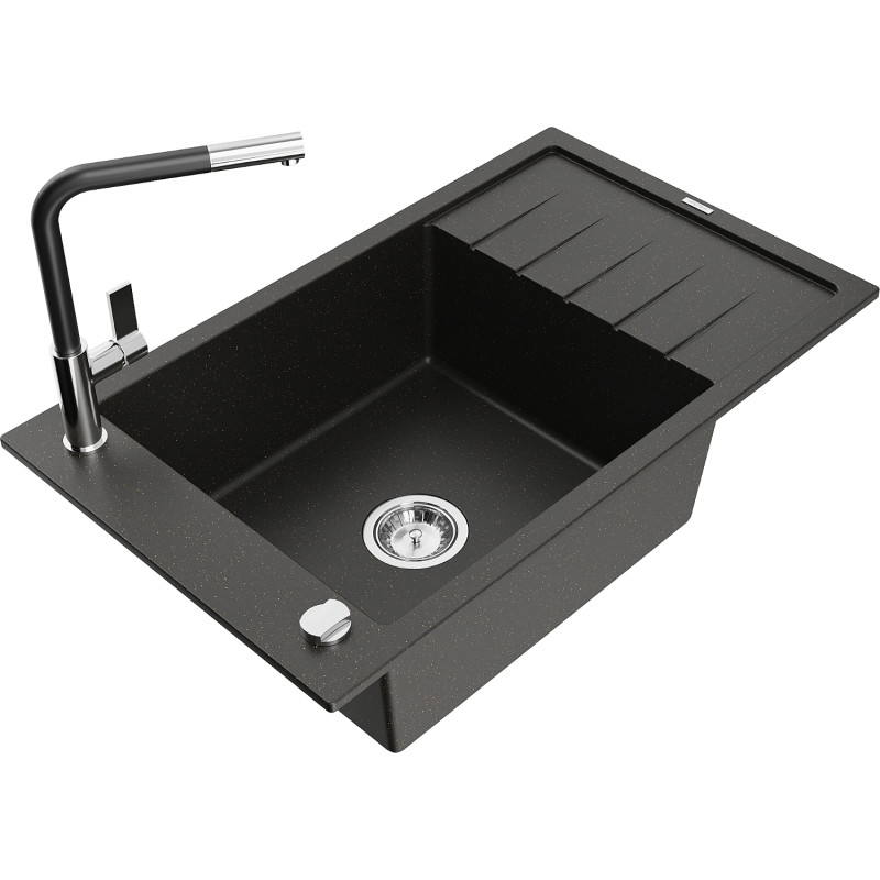 Mexen Elias granieten spoelbak met 1 bak, afdruiprek en keukenkraan Flora, zwart/goud metallic - 6511-75-670401-07