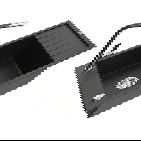 Mexen Elias granieten gootsteen 1-komorige met afdruiprek en keukenmengkraan Flora, zwart/goud metallic - 6511-75-670401-07