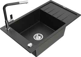 Mexen Elias granite kitchen sink 1-bowl with drainer and Flora kitchen faucet, black/golden metallic - 6511-75-670401-07