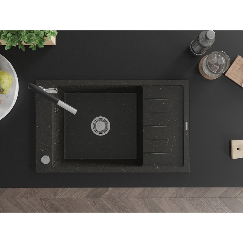 Mexen Elias Granitspüle 1-beckig mit Abtropffläche und Küchenarmatur Flora, schwarz/goldenes Metallic - 6511-75-670401-07