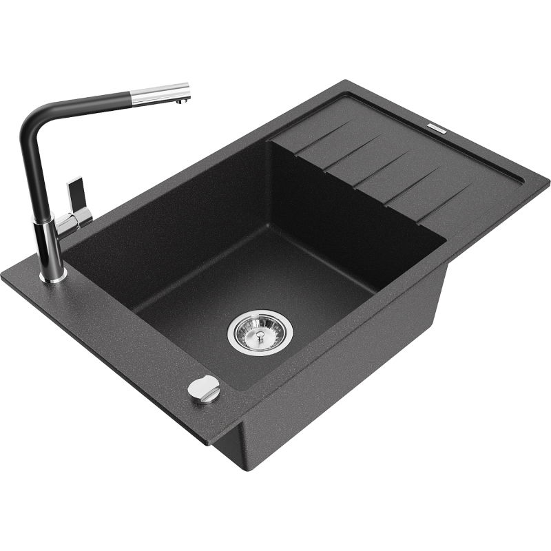 Mexen Elias fregadero de granito de 1 cubeta con escurridor y grifo de cocina Flora, negro moteado - 6511-76-670401-07