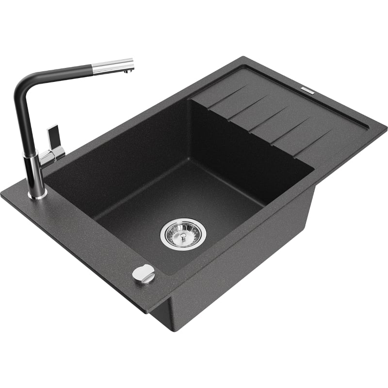 Mexen Elias granite sink 1-bowl with drainer and Flora kitchen faucet, speckled black - 6511-76-670401-07