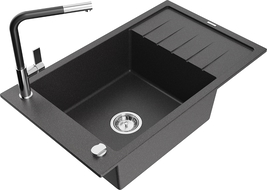 Mexen Elias 1-bowl granite kitchen sink with drainer and Flora tap, black speckled - 6511-76-670401-07