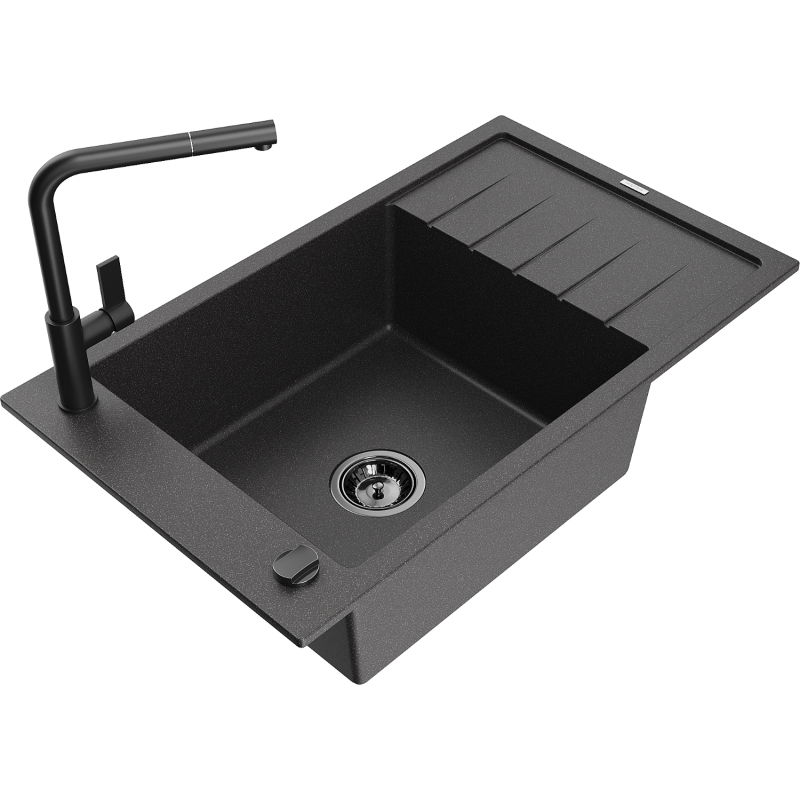 Mexen Elias granite kitchen sink 1-bowl with drainer and Flora kitchen tap, speckled black - 6511-76-670401-70-B