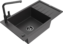 Mexen Elias fregadero de granito de 1 seno con escurridor y grifo de cocina Flora, negro moteado - 6511-76-670401-70-B