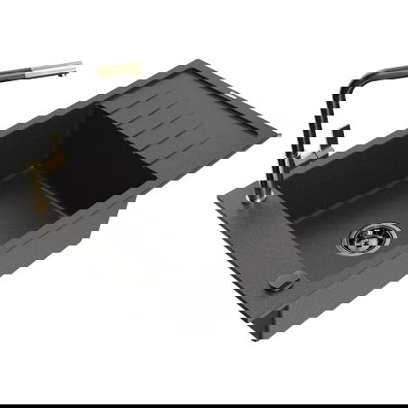 Mexen Elias granitdiskho med 1 fack med avrinning och kökskran Flora, svart prickig - 6511-76-670401-75-B