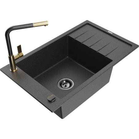 Mexen Elias single-bowl granite sink with drainer and Flora kitchen tap, black speckled - 6511-76-670401-75-B