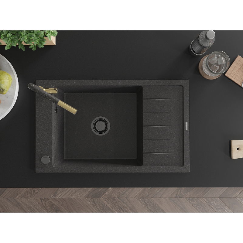 Mexen Elias fregadero de granito de 1 seno con escurridor y grifo de cocina Flora, negro moteado - 6511-76-670401-75-B