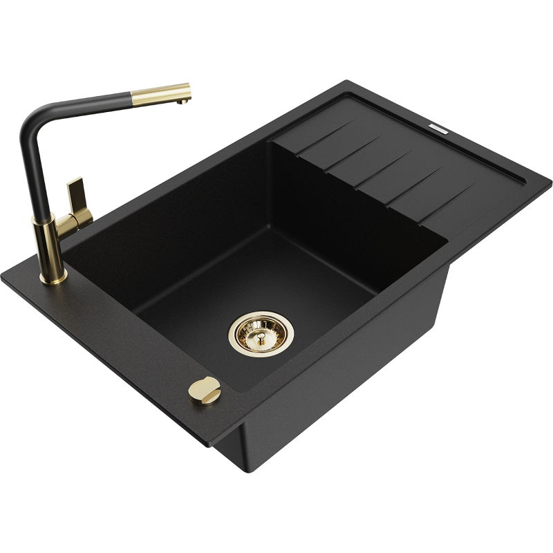 Mexen Elias Granitspüle 1-Becken mit Abtropffläche und Küchenarmatur Flora, schwarz - 6511-77-670401-57-G