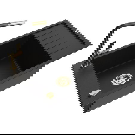 Mexen Elias graniittinen 1-altaainen tiskiallas kuivaustelineellä ja Flora-keittiöhanalla, musta - 6511-77-670401-57-G