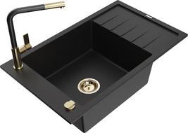 Mexen Elias fregadero de granito de 1 seno con escurridor y grifo de cocina Flora, negro - 6511-77-670401-57-G