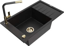 Mexen Elias Granitspüle 1-Becken mit Abtropffläche und Küchenarmatur Flora, schwarz - 6511-77-670401-57-G