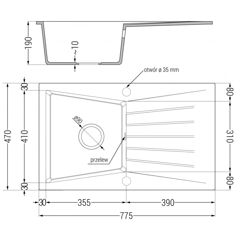 Mexen Cesar Granitspüle 1-beckig mit Abtropffläche und Küchenarmatur Duo, schwarz/gold metallic - 6514-75-671701-07-B