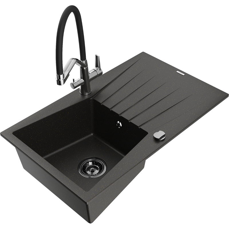 Mexen Cesar single-bowl granite sink with draining board and Duo kitchen tap, black/golden metallic - 6514-75-671701-07-B