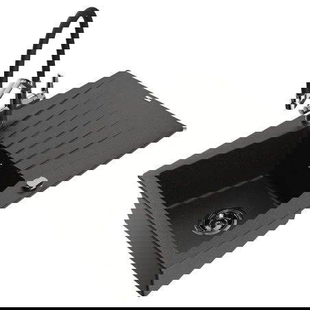 Mexen Cesar fregadero de granito de 1 seno con escurridor y grifo de cocina Duo, negro/metálico dorado - 6514-75-671701-07-B