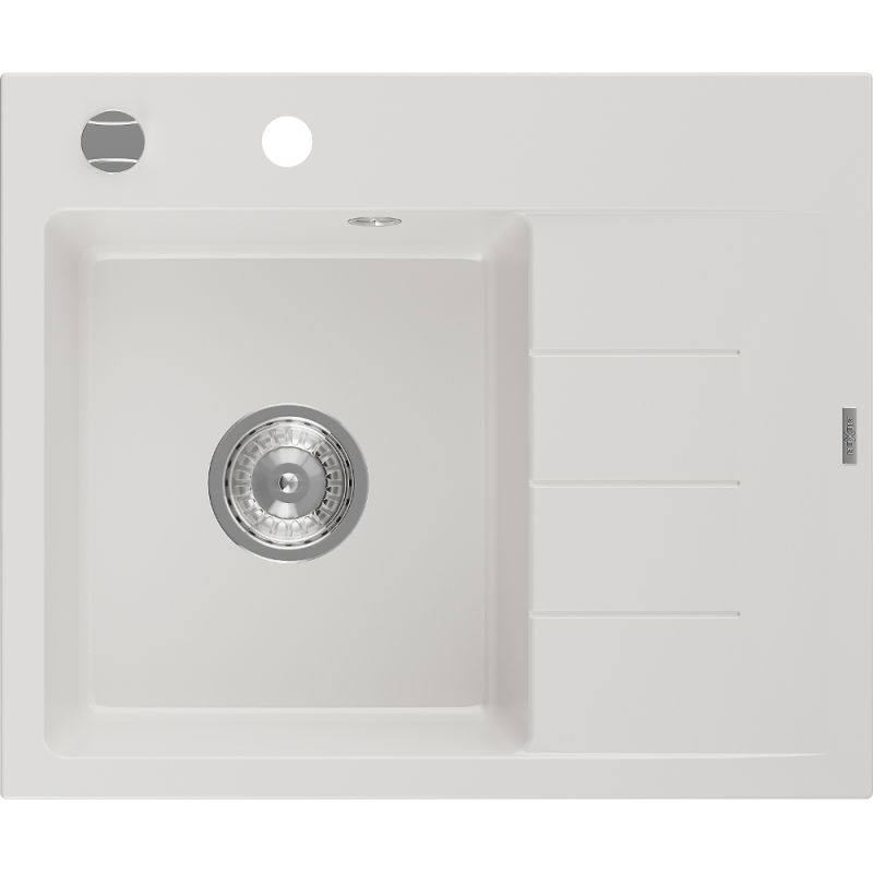 Mexen Ben granitā izlietne ar 1 nodalījumu un noteces vietu, kreisā 600 x 500 mm, balta, hroma sifons - 6522605000-20