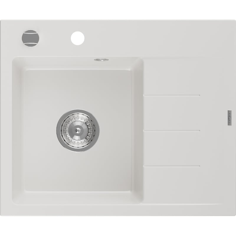 Mexen Ben lava-loiça de granito de 1 cuba com escorredor, esquerdo 600 x 500 mm, branco, sifão cromado - 6522605000-20