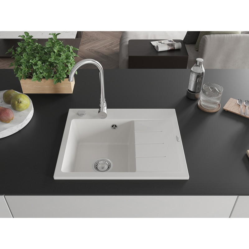 Mexen Ben granitni sudoper s ocjednom komorom s ocjednikom, lijevi 600 x 500 mm, bijeli, kromirani sifon - 6522605000-20