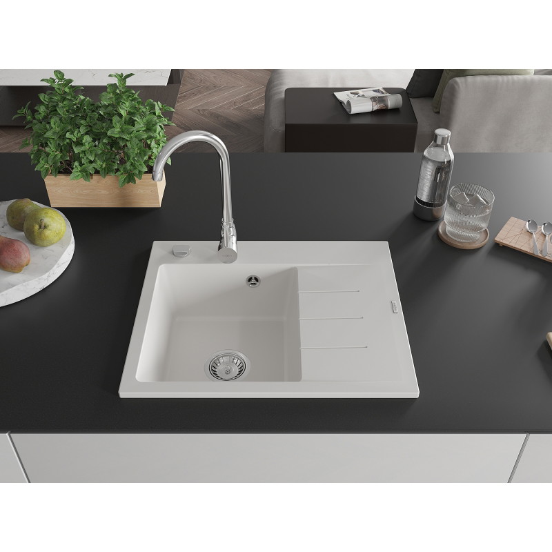 Mexen Ben zlewozmywak granitowy 1-komorowy z ociekaczem, lewy 600 x 500 mm, biały, syfon chrom - 6522605000-20