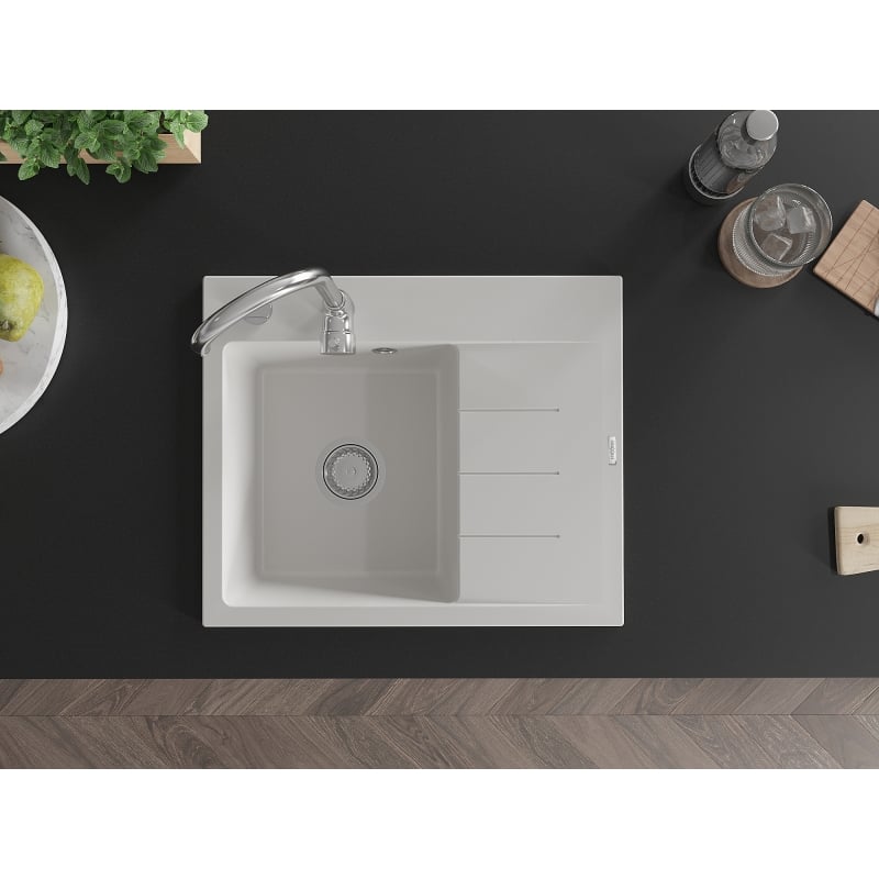 Mexen Ben granite sink 1-bowl with drainer, left 600 x 500 mm, white, chrome siphon - 6522605000-20