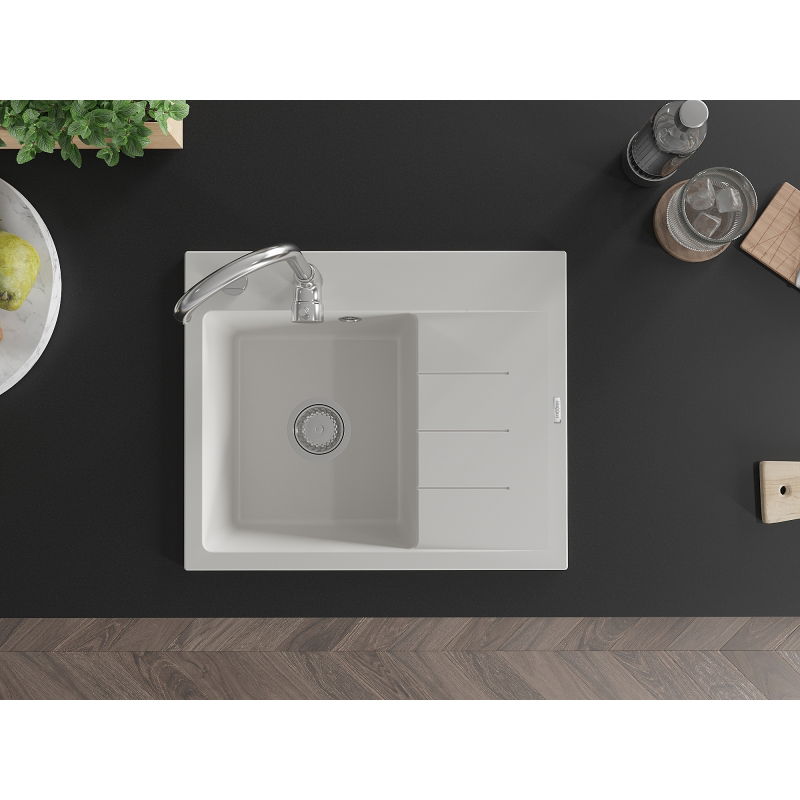 Mexen Ben granitspüle 1-becken mit abtropffläche, links 600 x 500 mm, weiß, siphon chrom - 6522605000-20