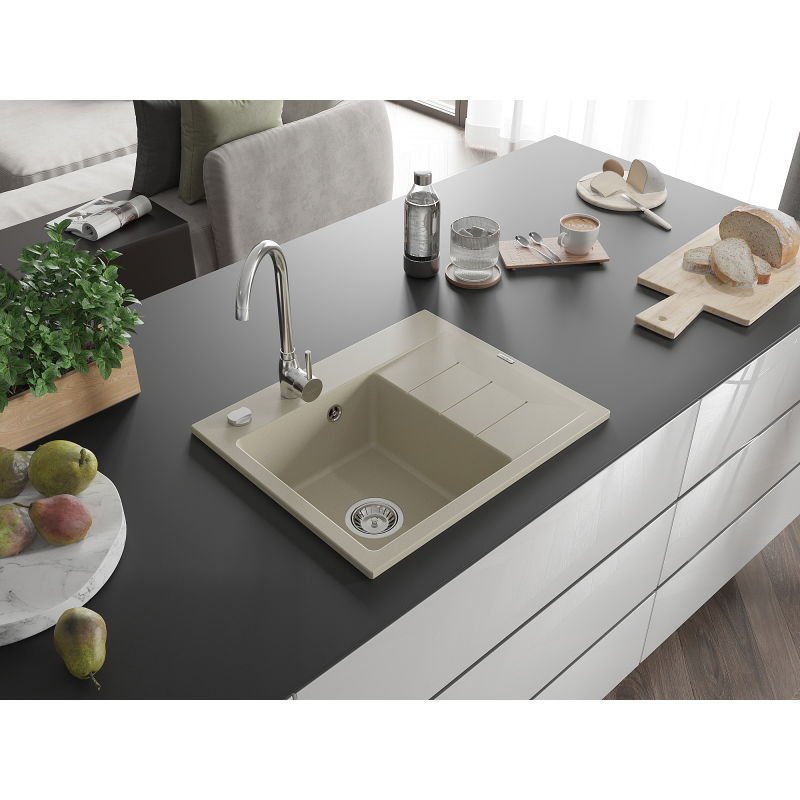 Mexen Ben lava-louça de granito com 1 cuba e escorredor, esquerdo 600 x 500 mm, bege, sifão cromado - 6522605000-69