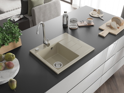 Mexen Ben Granitëspüllbeck 1-Kummer mat Ofdrock, Lénks 600 x 500 mm, Beige, Chrom Siphon - 6522605000-69