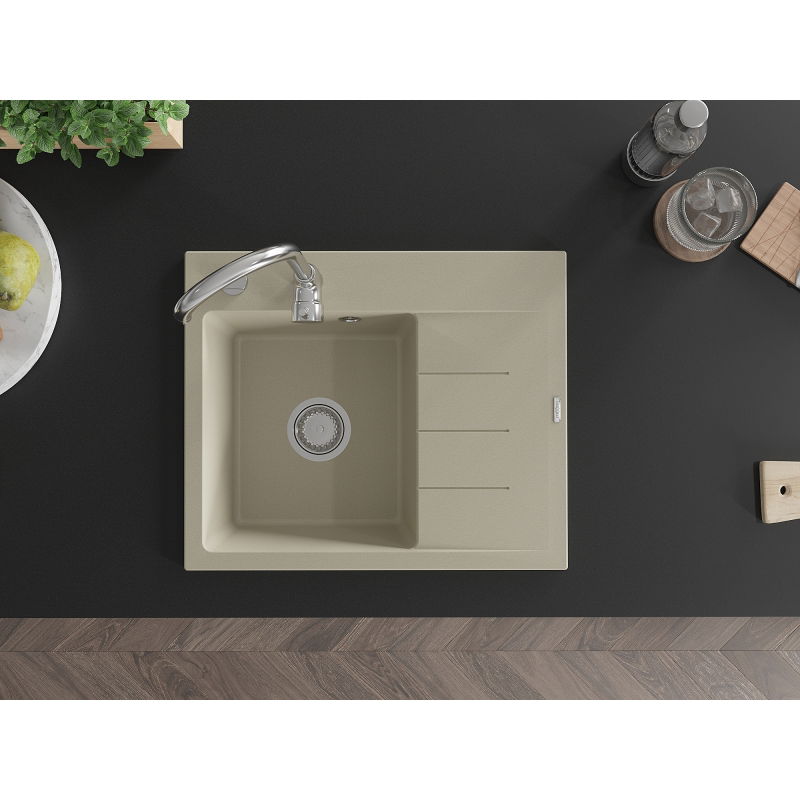 Mexen Ben fregadero de cocina de granito de 1 cubeta con escurridor, izquierdo 600 x 500 mm, beige, sifón cromado