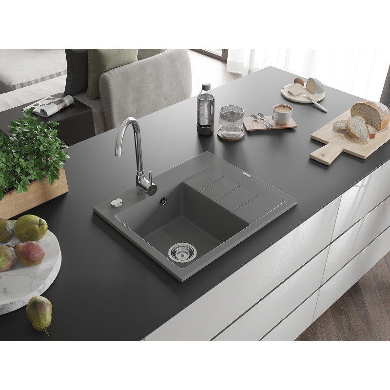 Mexen Ben graniitköök kraanikauss, 1-kauseline kuivatiga, vasakpoolne 600 x 500 mm, hall, kroom sifoon - 6522605000-71
