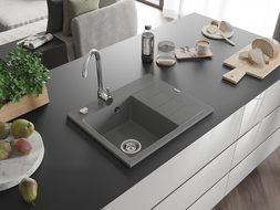Mexen Ben Granitspüle 1-Becken mit linker Abtropffläche 600 x 500 mm, grau, Siphon chrom - 6522605000-71