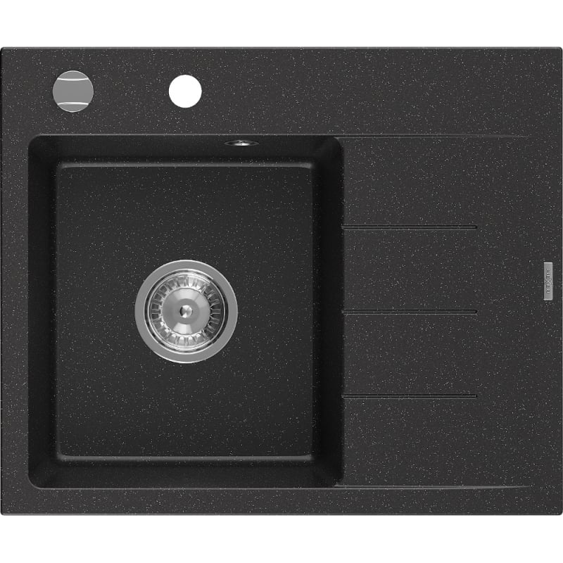 Mexen Ben lava-loiça de granito de 1 cuba com escorredor, esquerdo 600 x 500 mm, preto/prateado metálico, sifão cromado