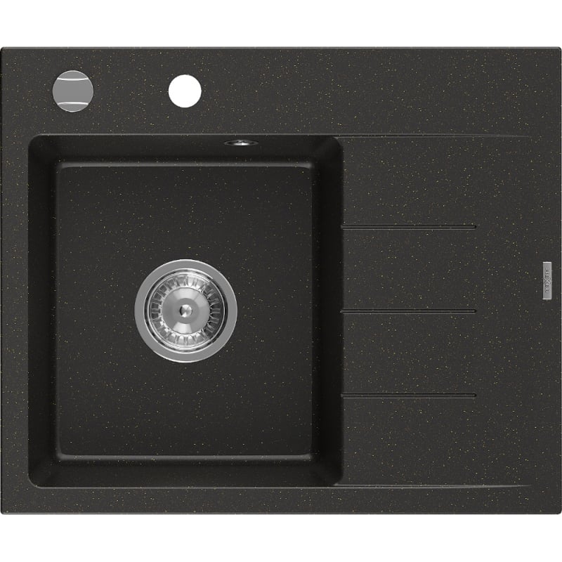 Mexen Ben fregadero de granito de 1 cubeta con escurridor, izquierdo 600 x 500 mm, negro/dorado metálico, sifón cromado