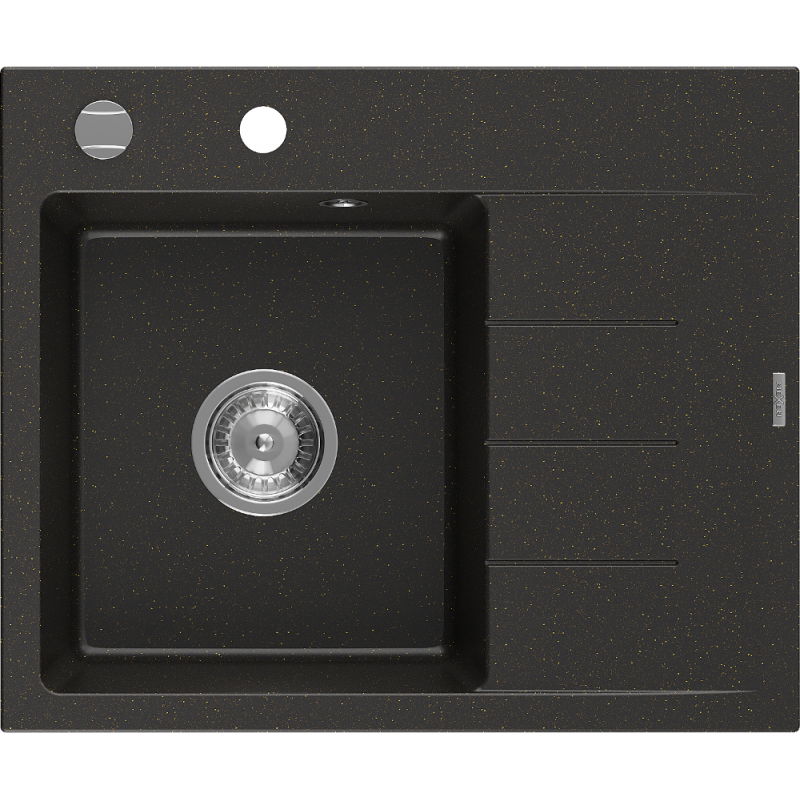 Mexen Ben lava-loiça de granito de 1 cuba com escorredor, esquerdo 600 x 500 mm, preto/dourado metálico, sifão cromado