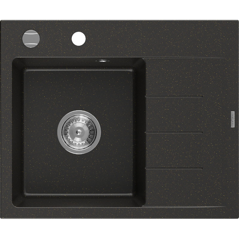 Mexen Ben zlewozmywak granitowy 1-komorowy z ociekaczem, lewy 600 x 500 mm, czarny/złoty metalik, syfon chrom - 6522605000-75