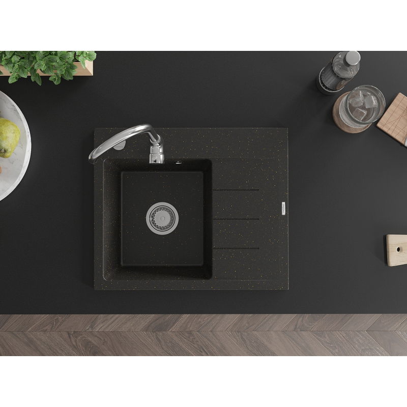Mexen Ben Granitspüle 1-Becken mit Abtropffläche, links 600 x 500 mm, schwarz/gold metalic, Chrom-Siphon - 6522605000-75
