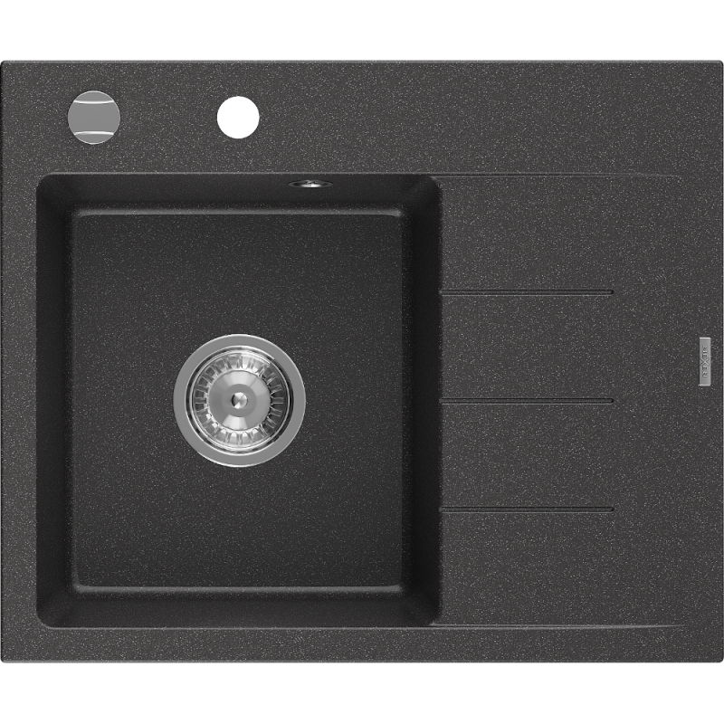 Mexen Ben 1-komorige granieten gootsteen met afdruiprek, links 600 x 500 mm, zwart gespikkeld, chromen sifon - 6522605000-76
