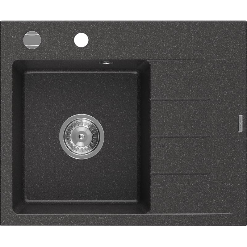 Mexen Ben Granitspüle 1-Becken mit linker Abtropffläche 600 x 500 mm, schwarz gesprenkelt, Chrom-Siphon - 6522605000-76