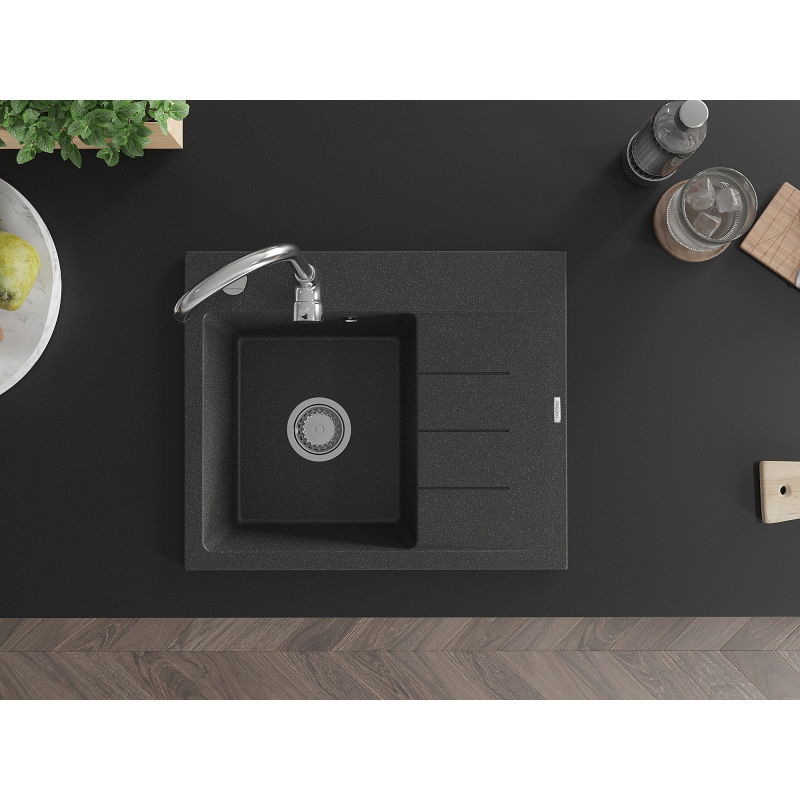 Mexen Ben Évier en granit 1 bac avec égouttoir, gauche 600 x 500 mm, noir moucheté, siphon chromé - 6522605000-76