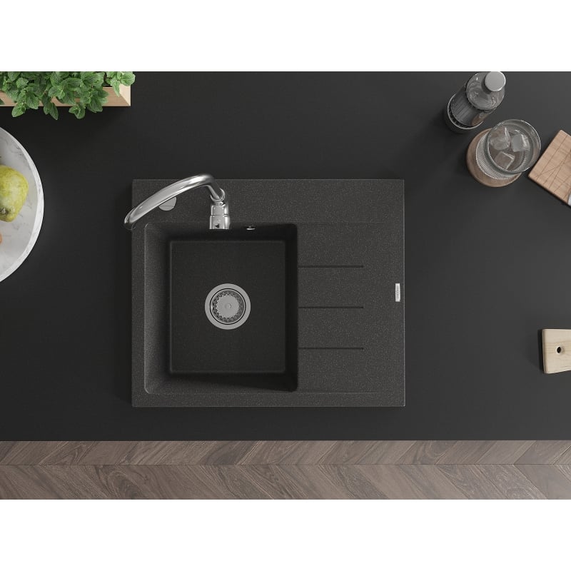 Mexen Ben fregadero de granito de 1 cubeta con escurridor, izquierdo 600 x 500 mm, negro moteado, sifón cromado - 6522605000-76