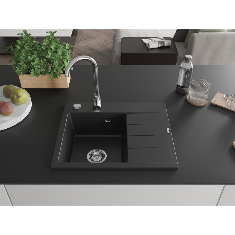 Mexen Ben graniitist köögivalamu 1-kambriline kuivatuskapiga, vasak 600 x 500 mm, must, kroom-sifoon - 6522605000-77