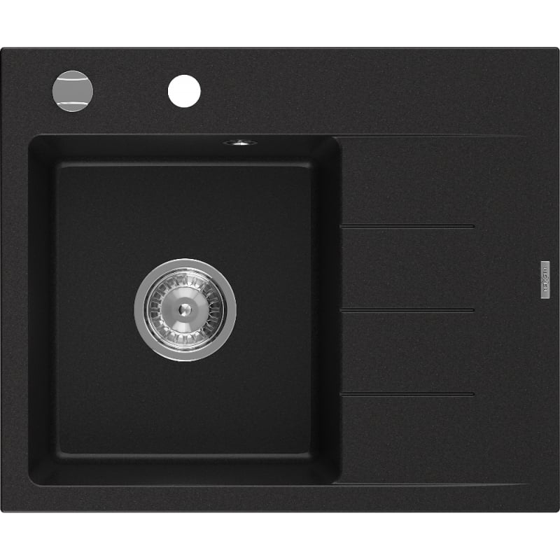 Mexen Ben Granitspüle 1-Becken mit linker Abtropffläche 600 x 500 mm, schwarz, Siphon chrom - 6522605000-77