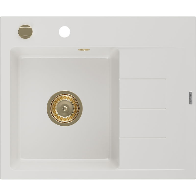 Mexen Ben Granitspüle 1-Becken mit linker Abtropffläche 600 x 500 mm, weiß, goldener Siphon - 6522605000-20-G