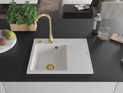 Mexen Ben Granitspüle 1-Becken mit linker Abtropffläche 600 x 500 mm, weiß, goldener Siphon - 6522605000-20-G