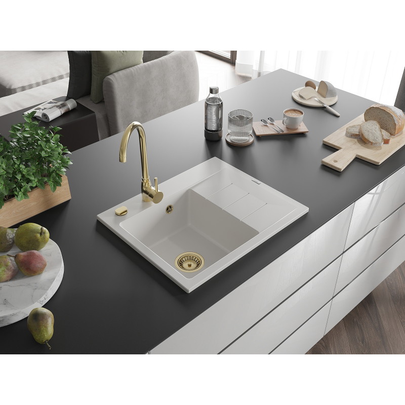 Mexen Ben zlewozmywak granitowy 1-komorowy z ociekaczem, lewy 600 x 500 mm, biały, syfon złoty - 6522605000-20-G