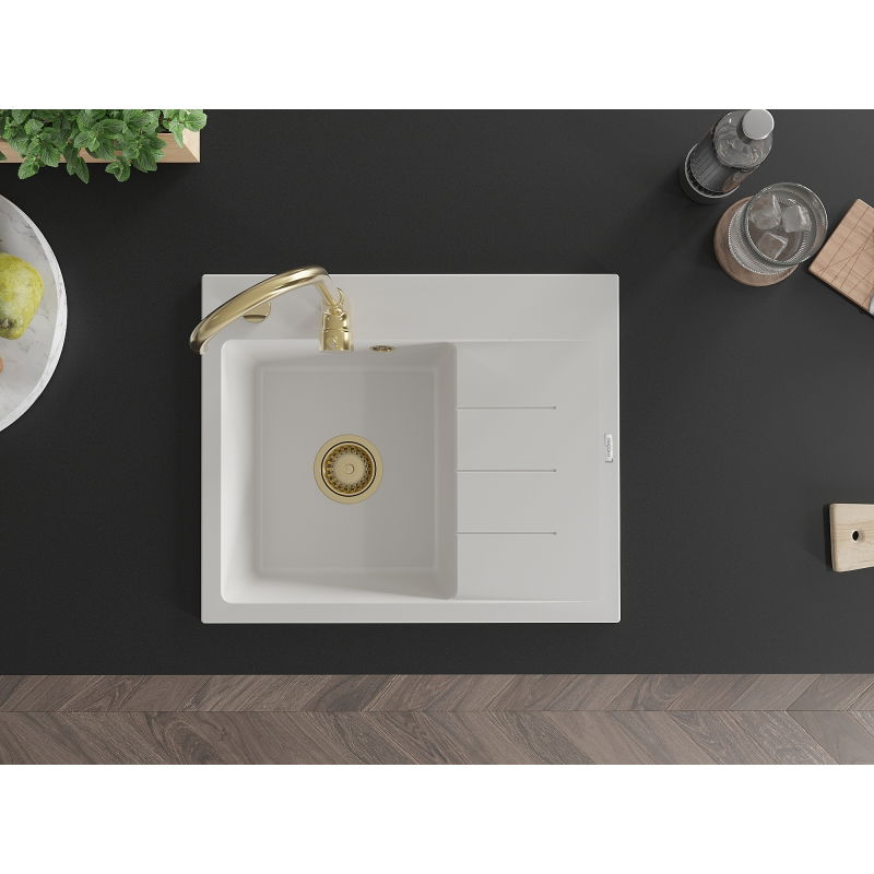 Mexen Ben granitno pomivalno korito z 1 prekatom in odcejalnikom, levo, 600 x 500 mm, belo, zlat sifon - 6522605000-20-G